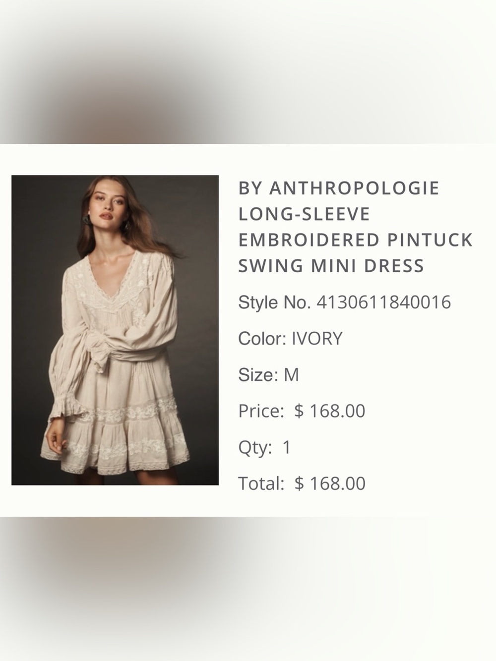 Anthropologie Ivory Long-Sleeve Embroidered Pintuck Mini Dress